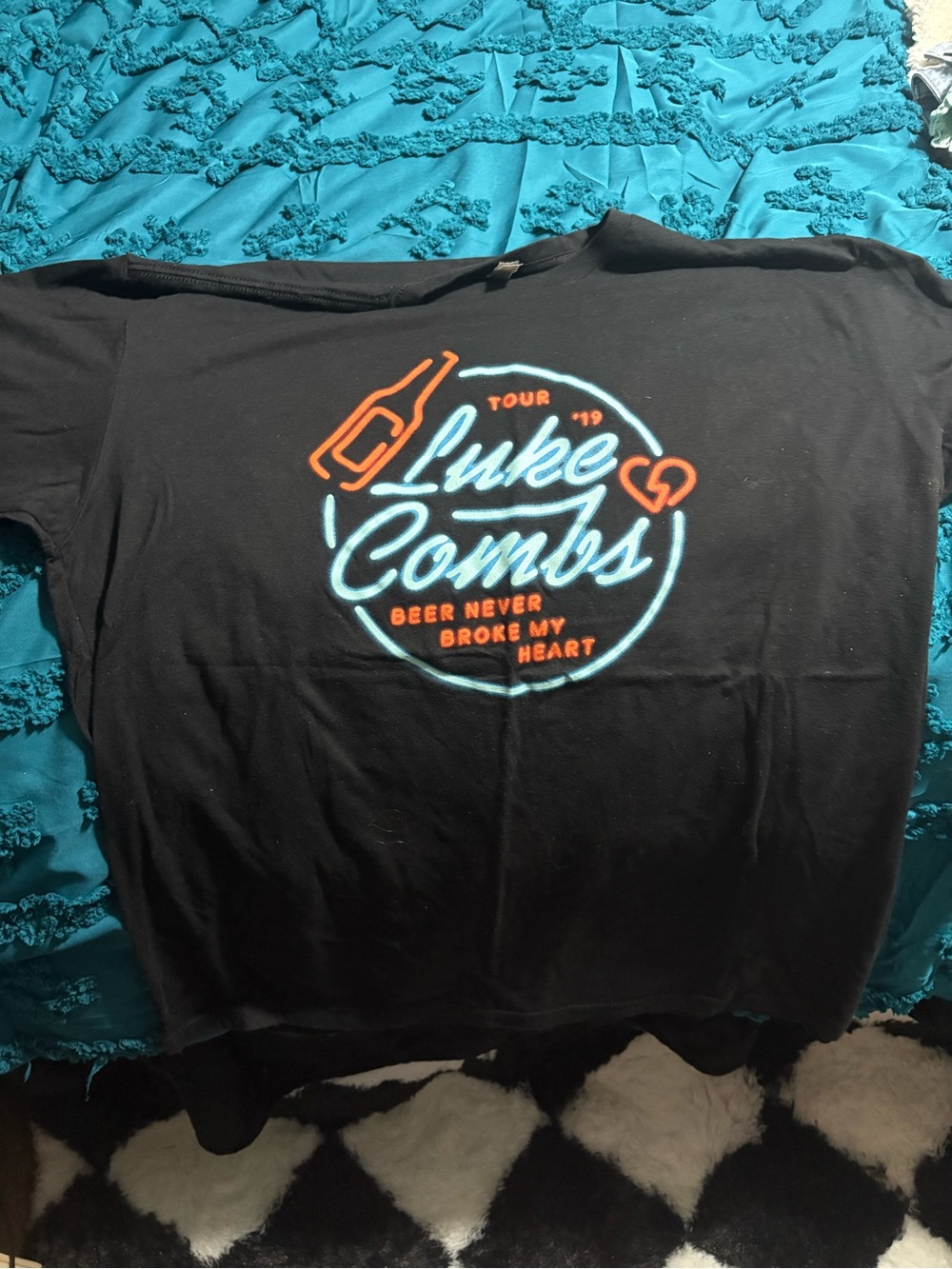 Luke Combs Tour Tee in Black with Neon Graphic. Official Merch